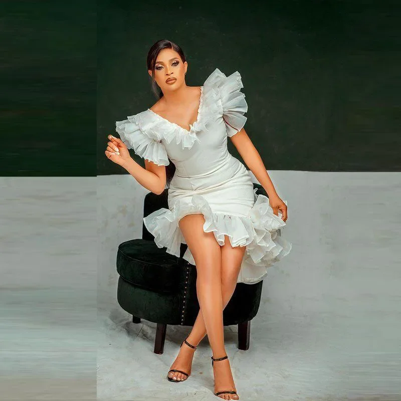 Ruffles V Neck African Women Party Dress Women Evening Gowns 2021 Summer Short Mermaid Prom Dresses
