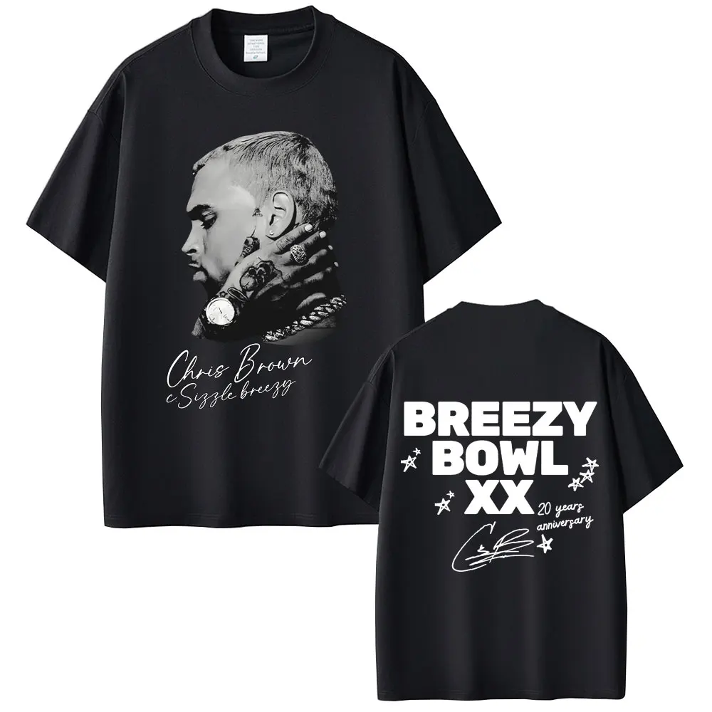 

Rapper Chris Brown Hip Hop Fashion Pop Music Fans T-shirt Breezy Bowl XX Tour 2025 T-shirts Men Women Casual Cotton Retro Tshirt
