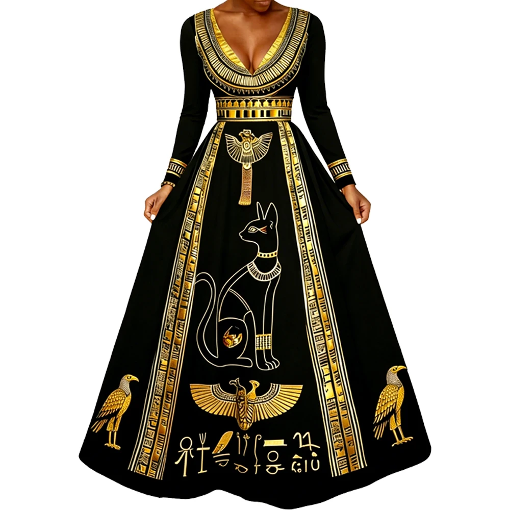 Damen-Kostümkleid im altägyptischen Stil, Maxikleid mit V-Ausschnitt und langen Ärmeln, Ägyptische Katzen-Göttin Bastet Aufdruck, Halloween-Party-Kostüm, Abendkleid