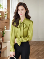 Women's Long Flared Sleeves Loose Shirt Elegant and Chic Ribbon Green White Fashion Luxury Blouses High Quality New 2024