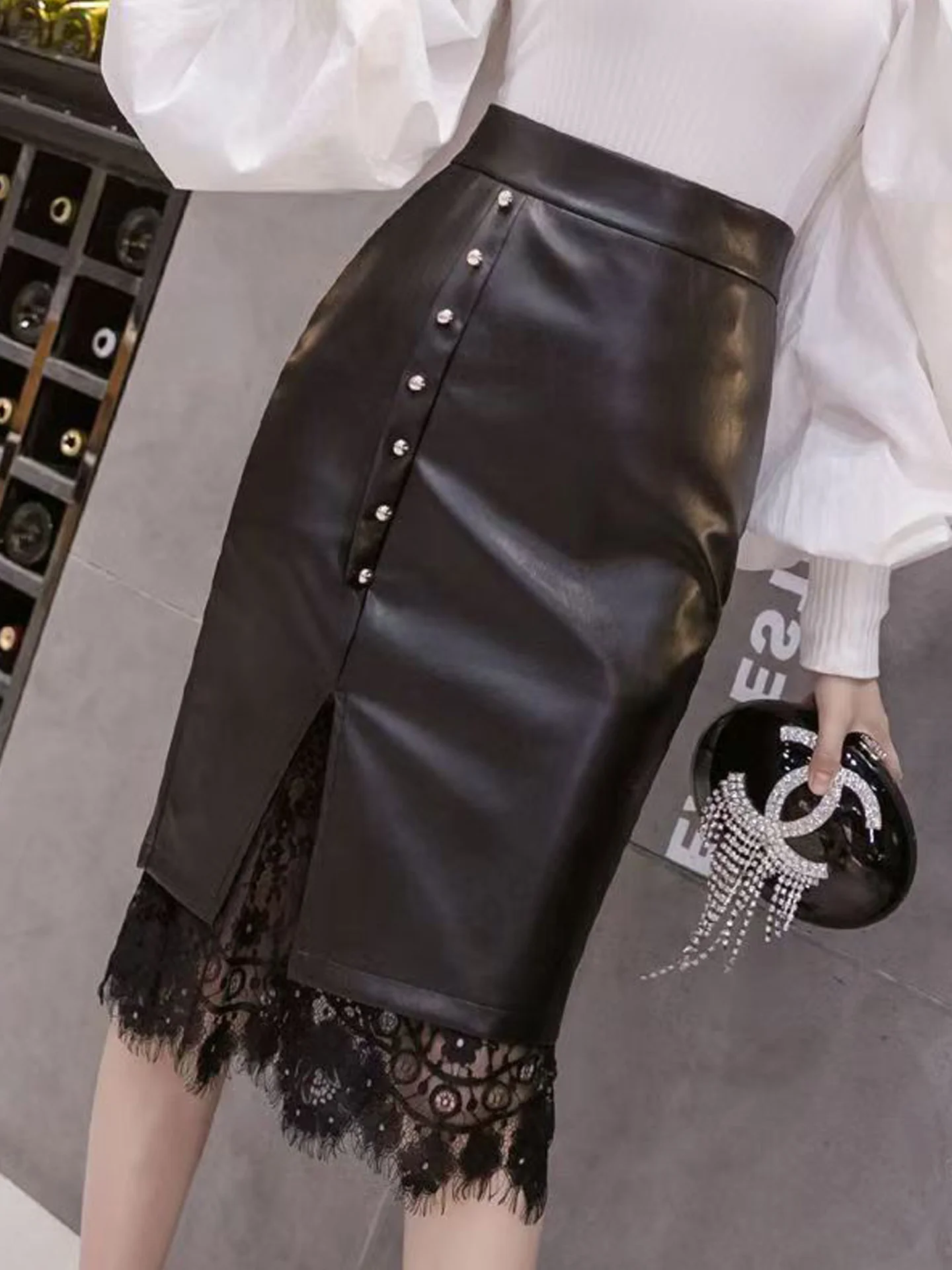 

High Waist PU Leather Lace Patchwork A-Line Skirt Women's Spring New Sle Slimming One-Step Skirt Bodycon Skirt