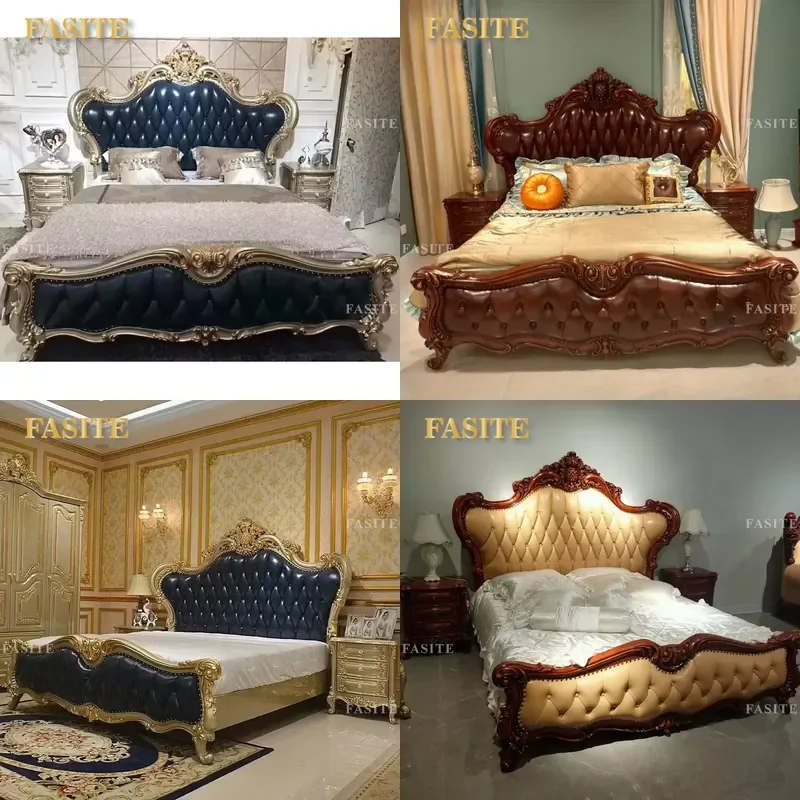 For King Queen Size Bed Frame Classic Luxury Royal Style High Quality Genuine Leather and Solid Wood Platform Bedroom