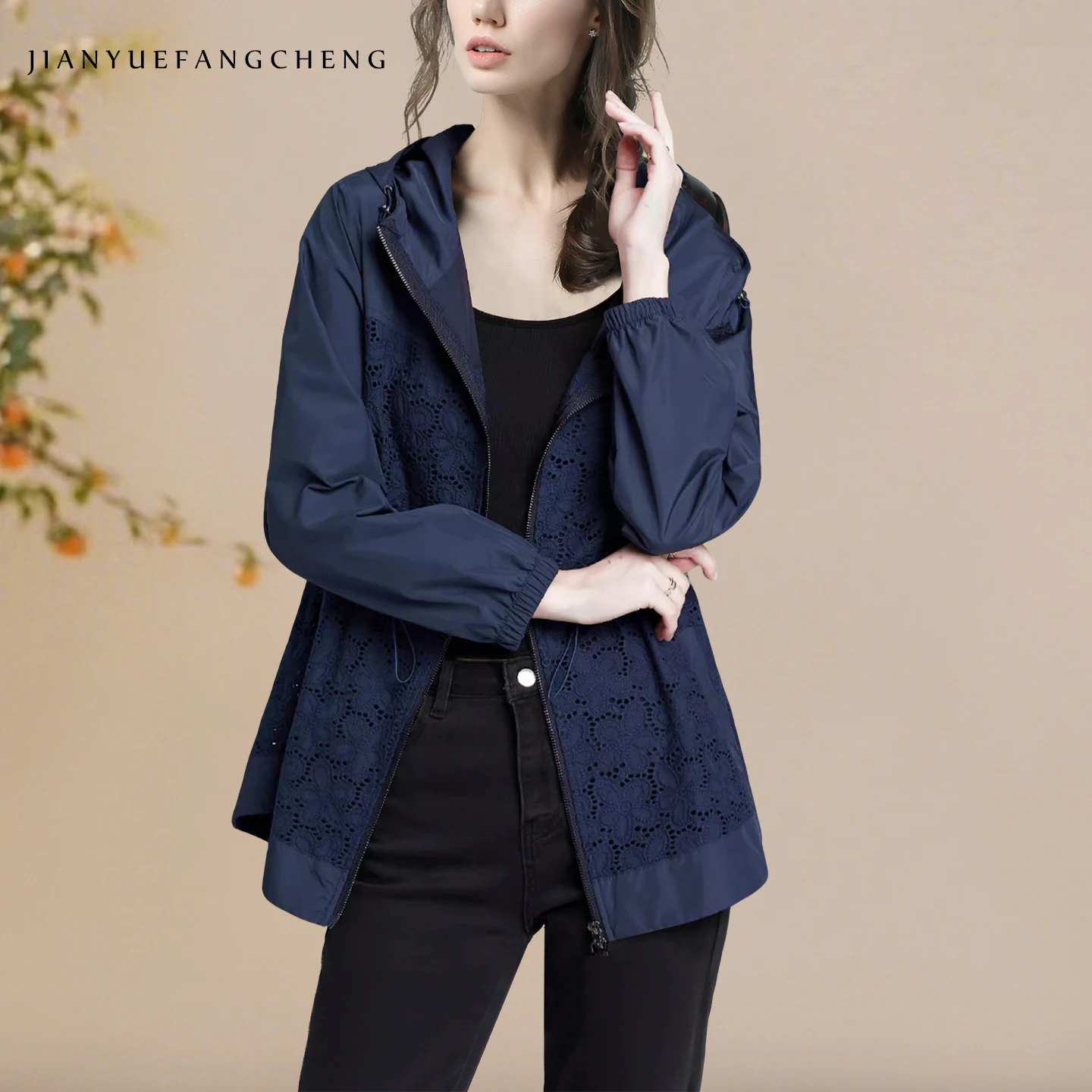 2025 Autumn New Women' Blue Long Sleeve Hooded Jacket With Lace Hollow Design Loose Casual Outwear Windproof Coat