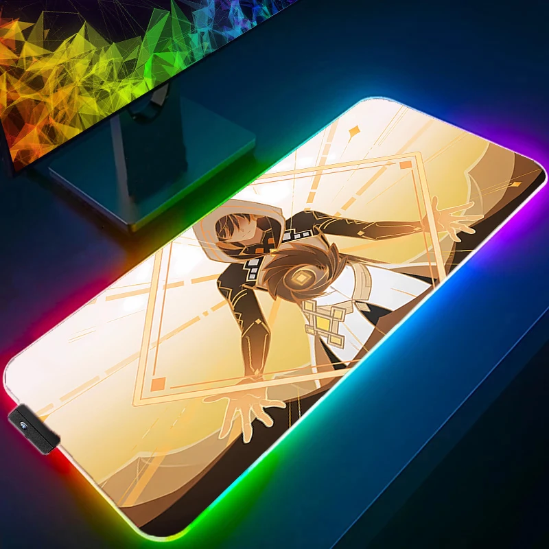 

LED Light Desk Mat XXL G-genshin Impact Zhongli Computer Mousepad Backlight Keyboard mat Table Mause Gaming Mouse Pad RGB Carpet