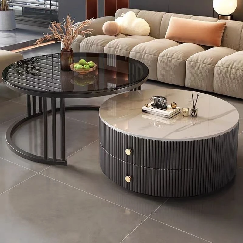 Slate coffee table modern simple solid wood round small apartment coffee table living room light luxury household minimalist - view 4