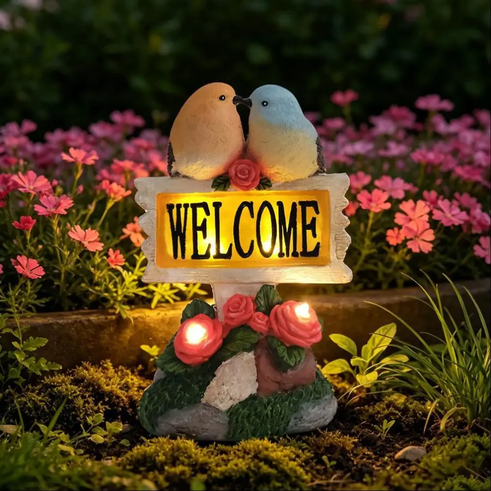 Solar Powered Garden Welcome Sign Durable Resin Creative Design Solar Resin Craft No Wiring Needed Warm Light Bird Figurine