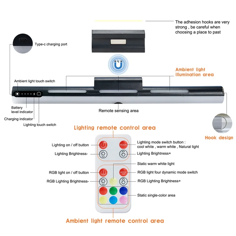 

CHCH Magnetic Lamp Touch Control Adjustable Color Brightness And Angle Makeup Light Rgb Atmosphere Lamp B