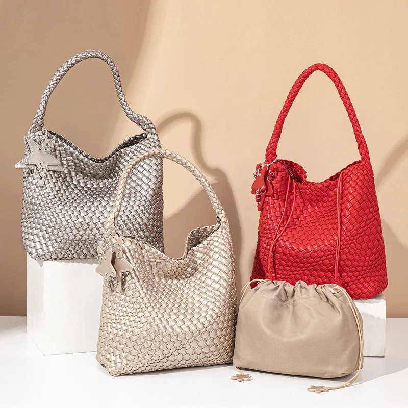 New High-end Versatile PU Leather Woven Tote for Women Large Capacity Commuter Bucket Handbag Handmade Hobo Shoulder Bag