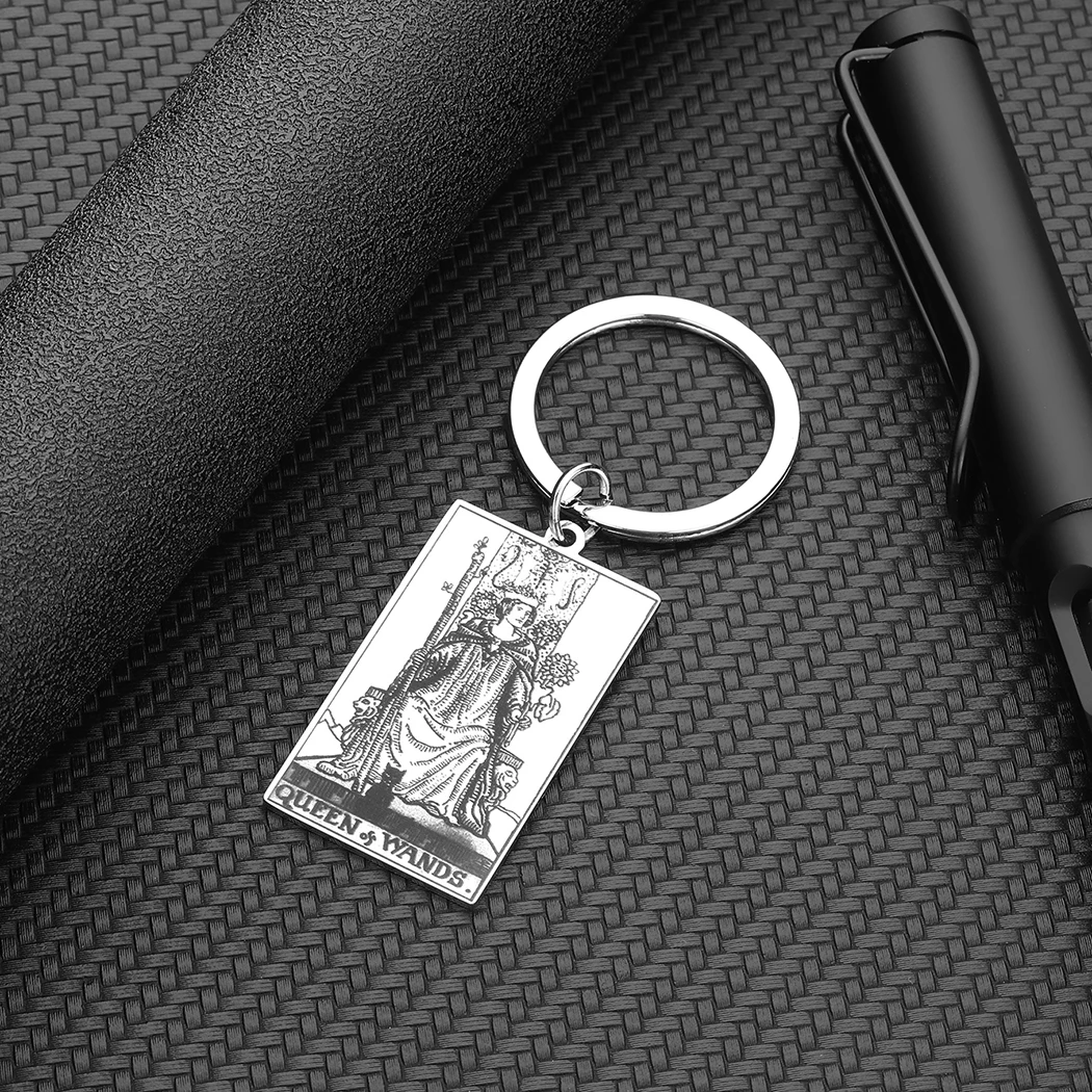 Punk QUEEN WANDS Tarot Card Talisman Keychain Stainless Steel Pendant for Women Men's Hip Hop Trendy Car Bag Decor Gifts Jewelry