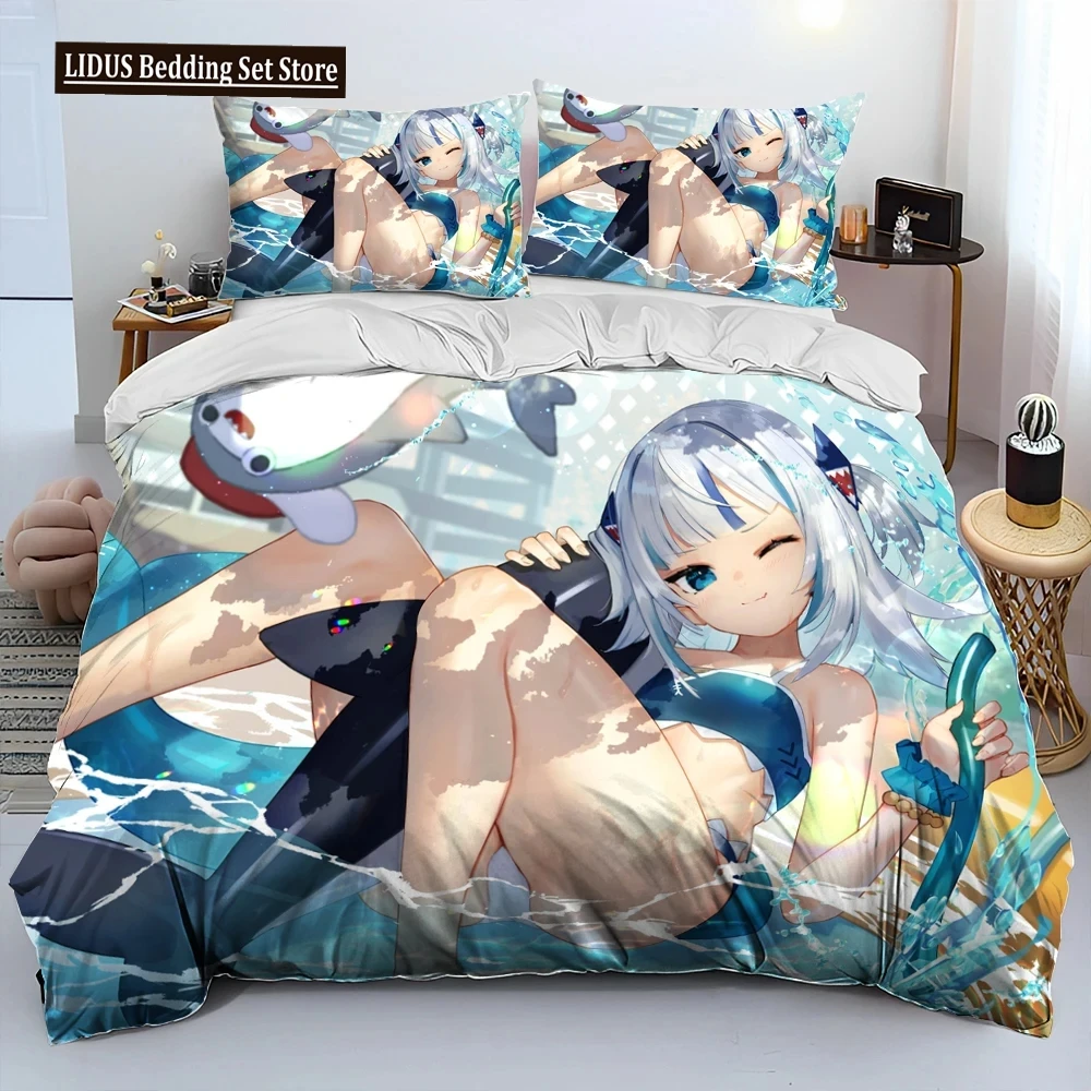 

Cute Gawr Gura Hololive Anime Shark Comforter Bedding Set,Duvet Cover Bed Set Quilt Cover Pillowcase,king Queen Size Bedding Set