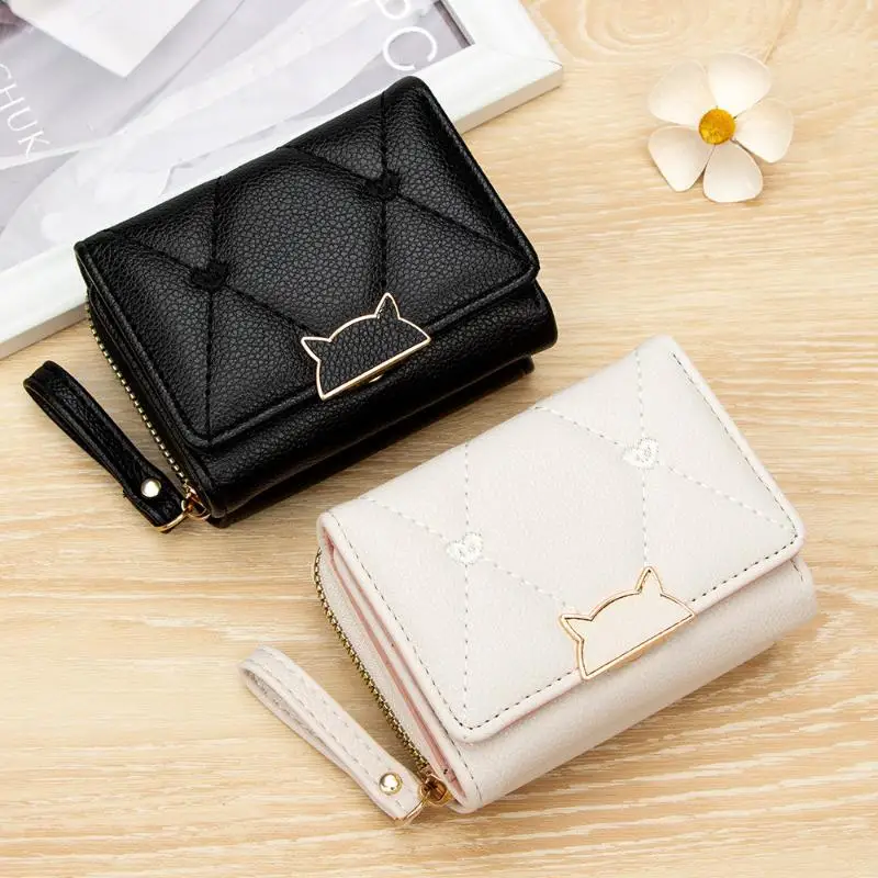 PU Leather Short Wallet With Cat Buckle Heart Embroidery For Teen Girls Daily Use Casual Shopping