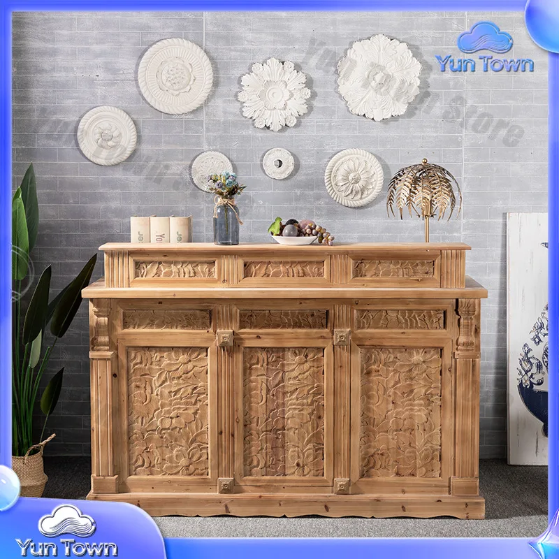 Vintage Chinese Style Solid Wood Bar Counter for Commercial Use Cashier Desk Spa Tea House Small Carved Counter for Flower