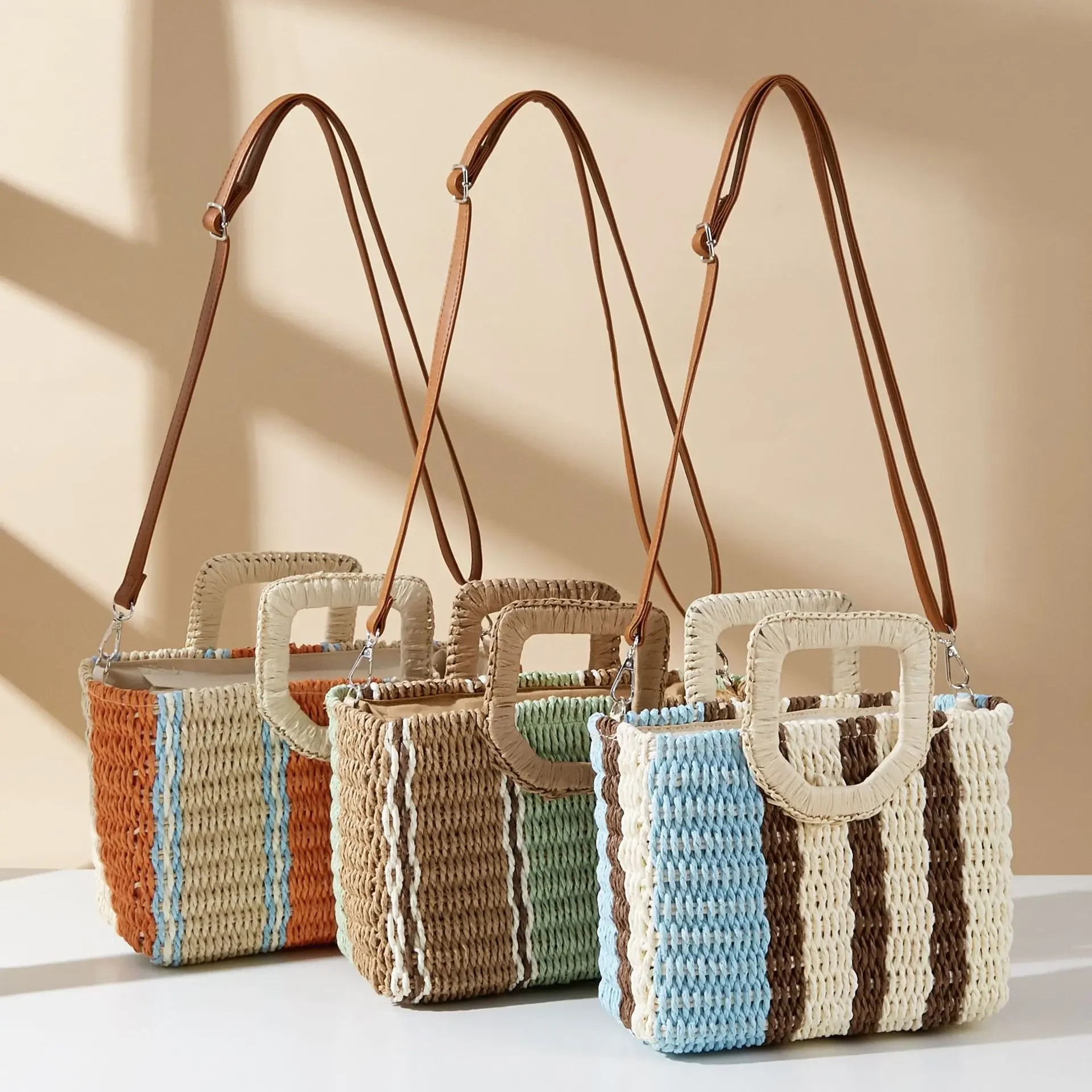 

Color Striped Box Bag Summer Woven Beach Bags for Women Handbags Paper Rope Knitting Straw Bag Travel Shoulder Crossbody Bags