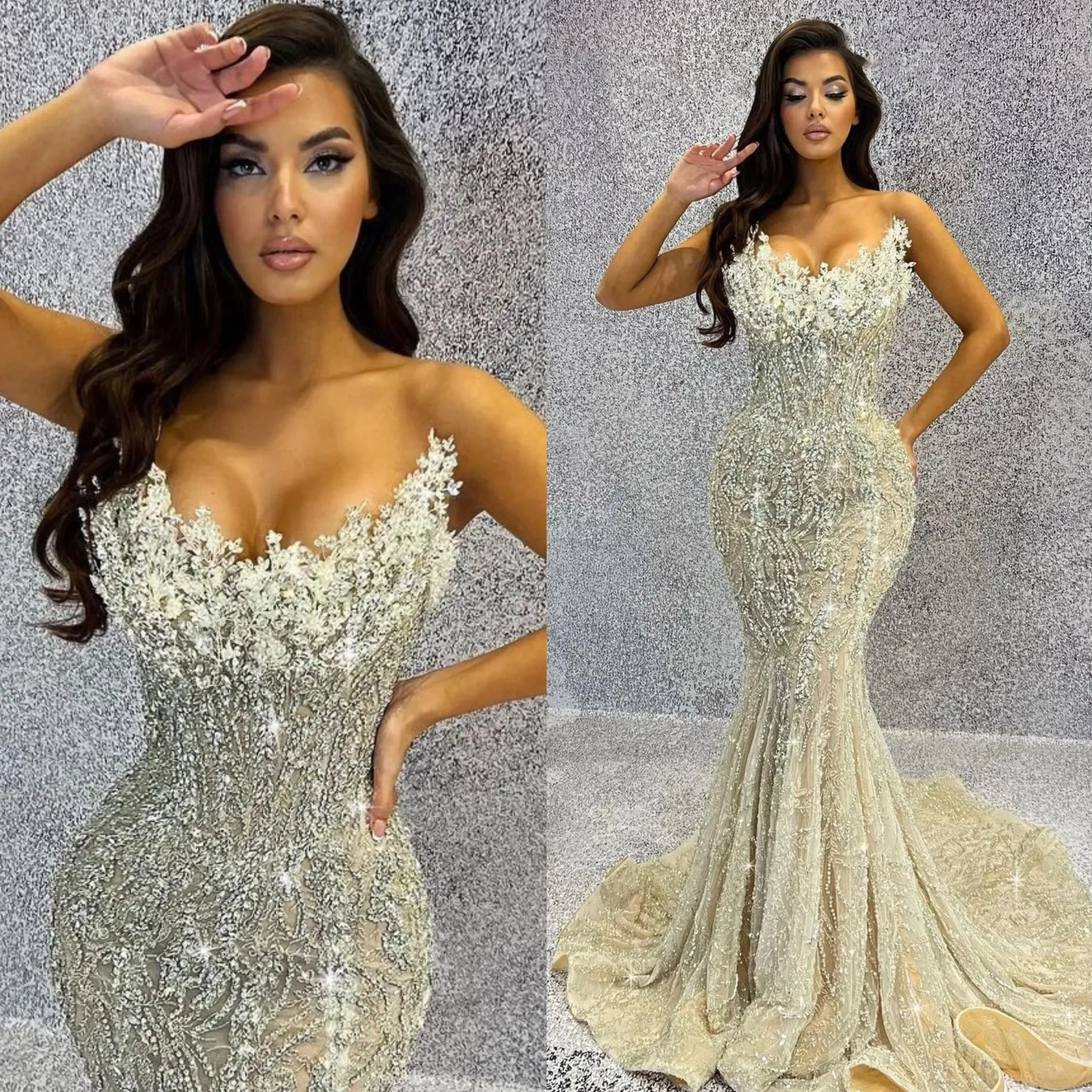 Sparkly Mermaid Evening Dresses Sleeveless V Neck Beaded crystal Prom dress Floor Length Applique Formal Dresses