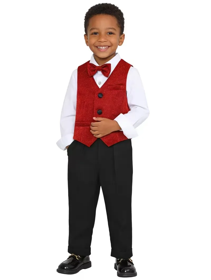 Traje de Verano para Niños de 90 a 170 cm, Chaleco Rojo, Camisa y Pantalones, Traje de Fotografía, Traje Escolar, Traje de Boda, Disfraz para Ceremonia Infantil
