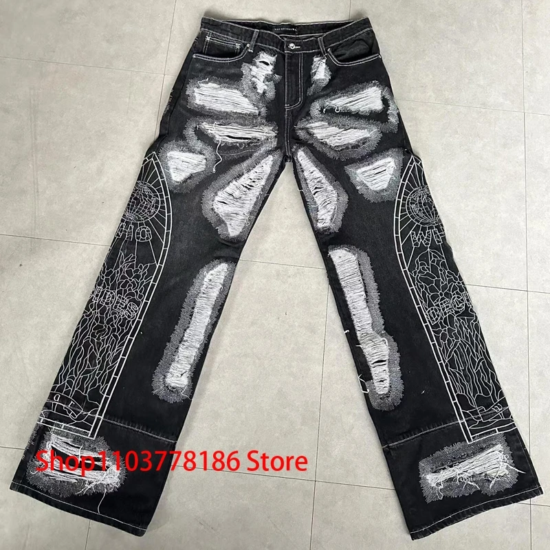 

Who Decides War Jeans Euro-American High Street Embroidered Patch Black Straight Pants Hip Hop Rock Style Denim Trousers Men