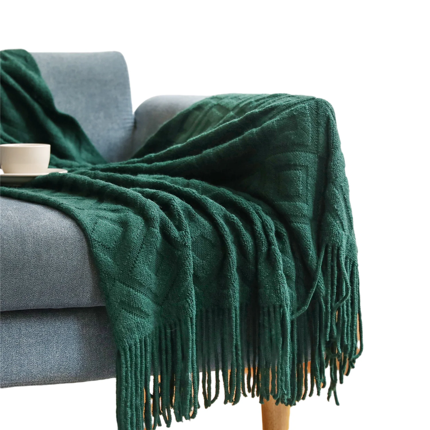 Green Christmas Knitted Blankets,Luxury Textured Nordic Boho Tassels Blankets Textured Chunky Farmhouse Cozy Gift Blankets