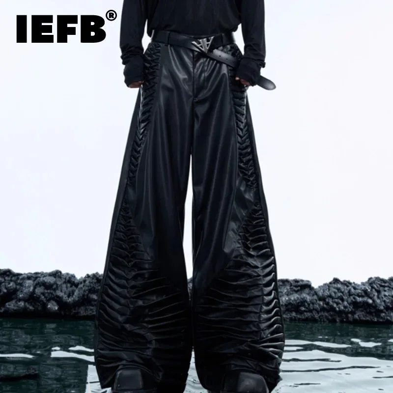 IEFB Fashion Men's PU Leather Pants Pleated Loose Straight Trousers Darkwear Wide Leg Droop Casual Male Bottom Winter 24E5172