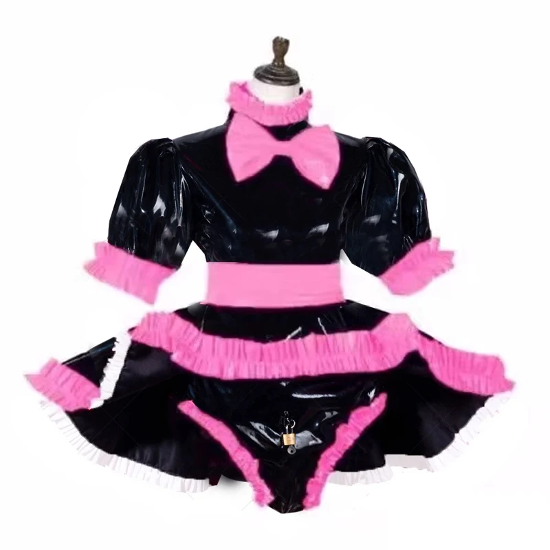 Men Sexy Pink Black PVC Lolita Dress Briefs Women Vintage Cute Bow Ruffle High Neck Dress Lockable Sissy Maid CD Cosplay party