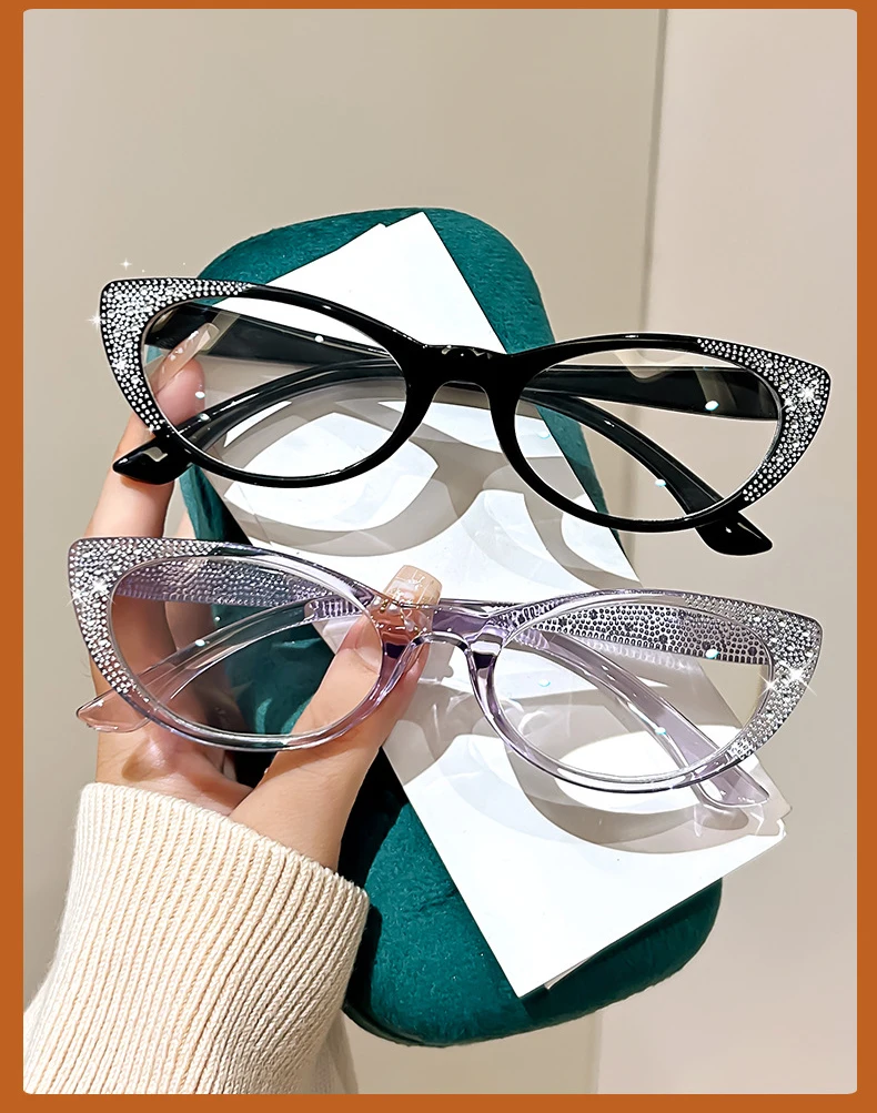 Katzenaugen-Lesebrille für Damen, Transparent, Bling, Anti-Blaulicht, Korrekturbrille mit Sehstärke +1,0 +1,5 +2,0 – Detail 1