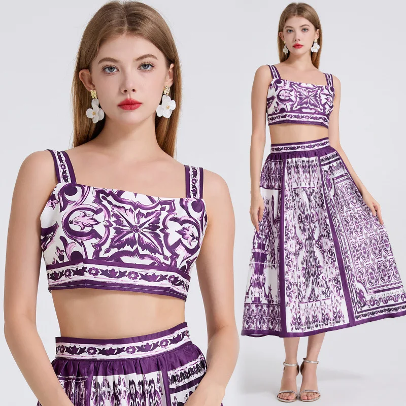 Zomer hoge taille bedrukt blauw en wit porselein ter vest en rok set dames gebreid verdikte polyester Dr