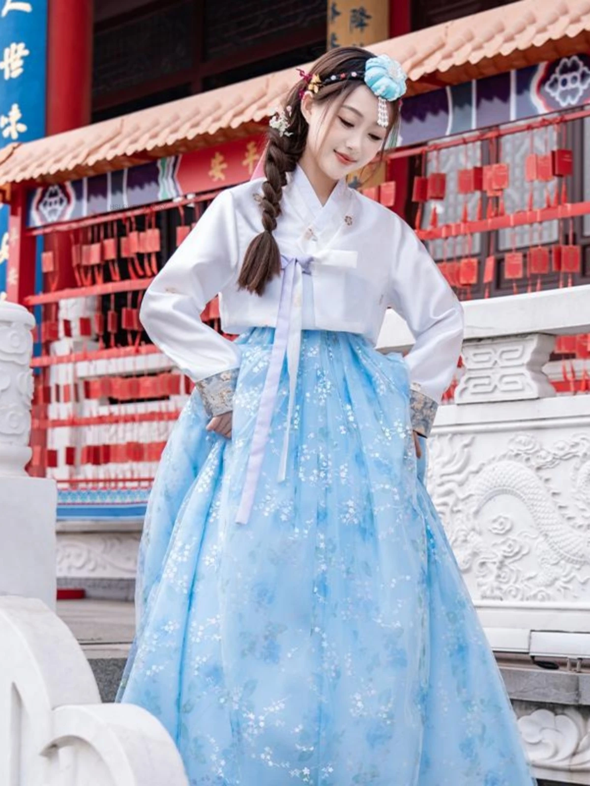 الهانبوك النسائي الكوري التقليدي مع الترتر الأزرق زي قديم لزي أداء الرقص الشاش من الجنسية الكورية #4