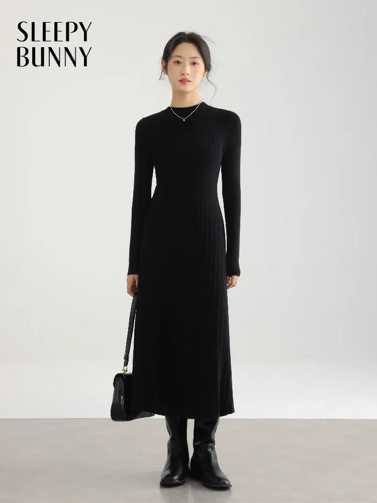 Vestido de malha elegante para mulheres, vestido suéter de manga comprida, cintura alta, vestido midi canelado para camadas de outono e escritório casual