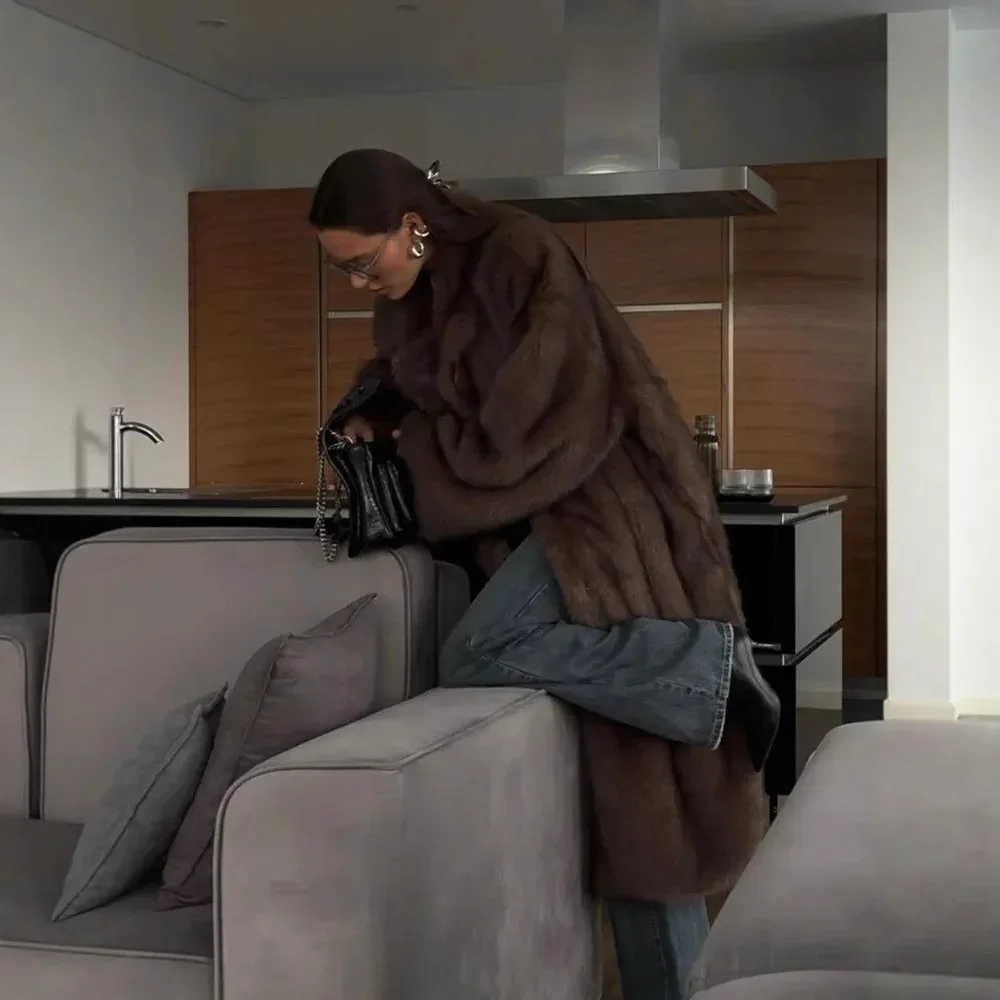 Inverno feminino engrossado jaqueta de pele artificial marrom terno colarinho casaco senhora eco pele outwear fofo solto longo feminino casaco de pele do falso