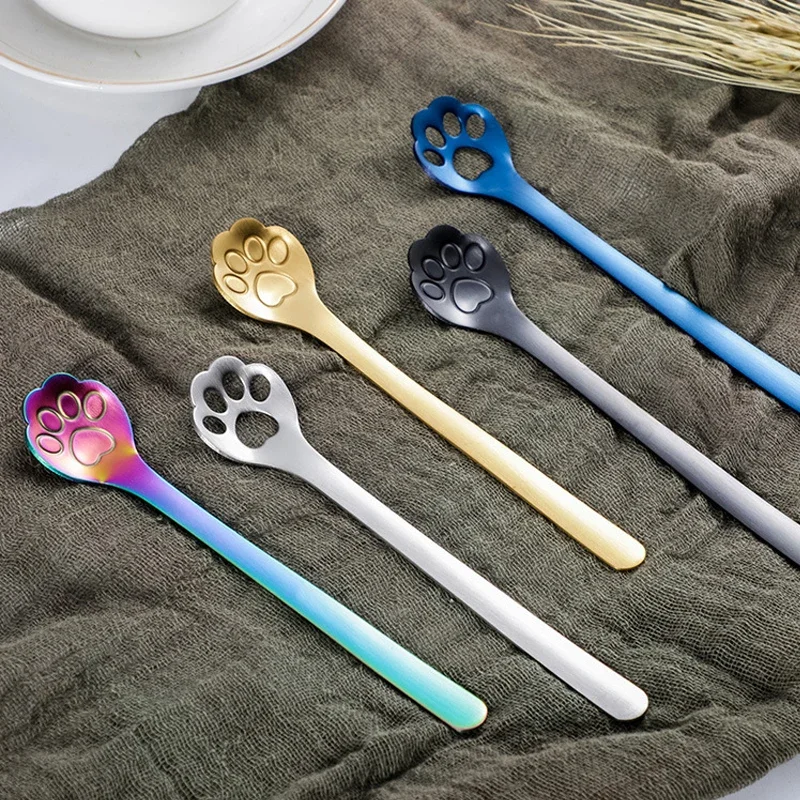 1Pcs Spoons Spoon Stainless Steel Cute Creative Stirring Spoon Gold Dog Cat Paw Claw Hollow Tea Coffee Dessert Kitchen Tools