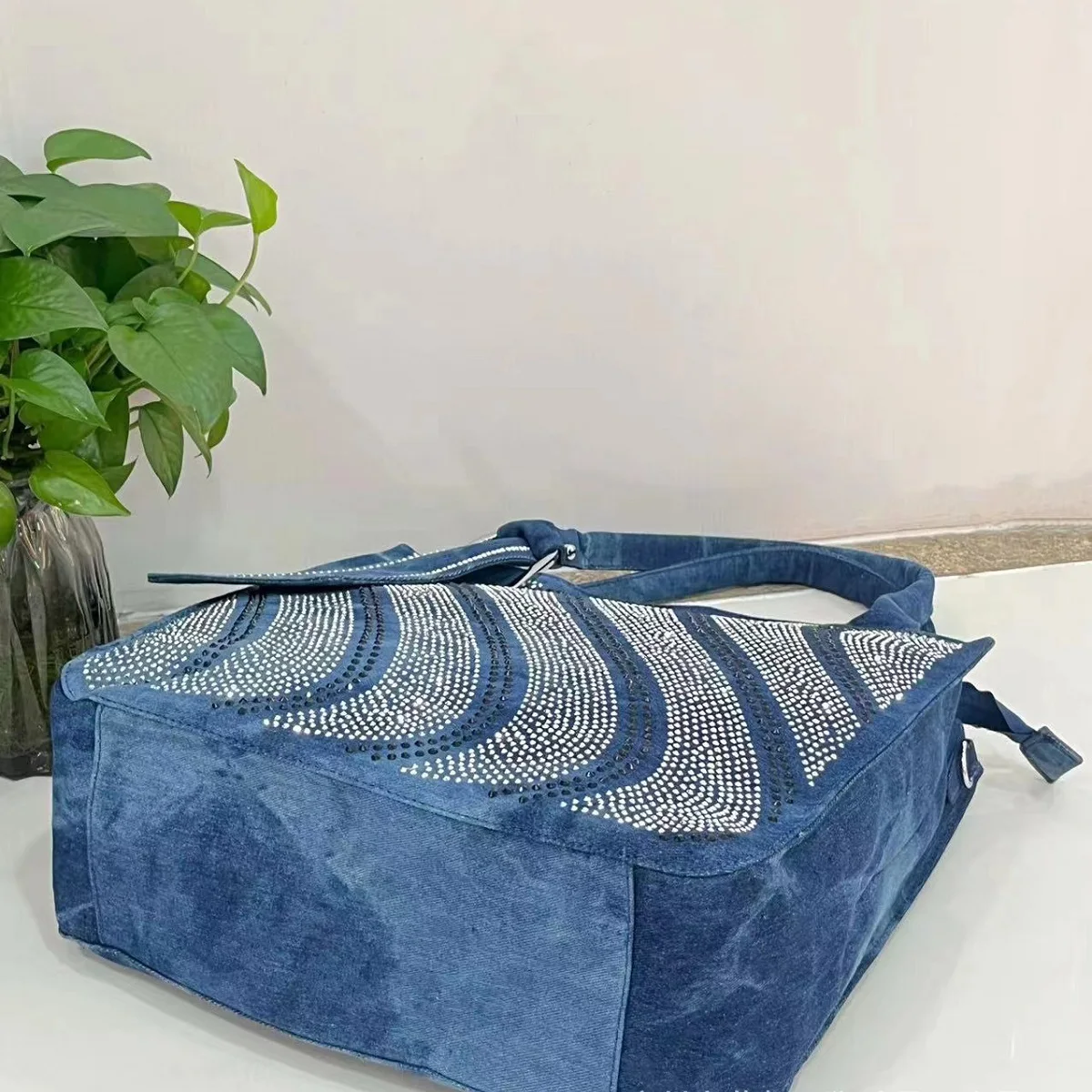 New Vintage Denim Jeans Bag for Women Handbags Zipper Shine Rivets S Rhinestone Purse Woman Totes Female Shoulder Bag — zdjęcie 6