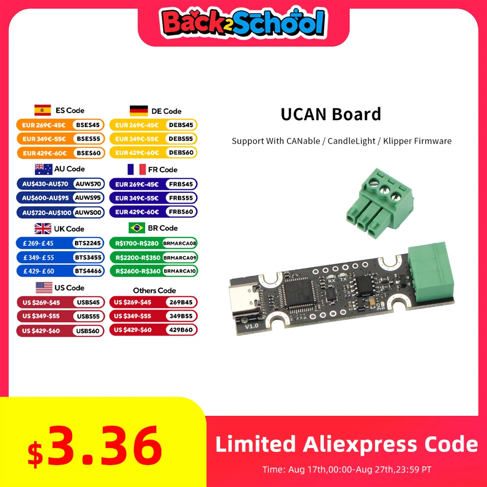 

Плата USB FYSETC UCAN для адаптера CAN на основе STM32F072 с поддержкой Canable / CandleLight / Klipper