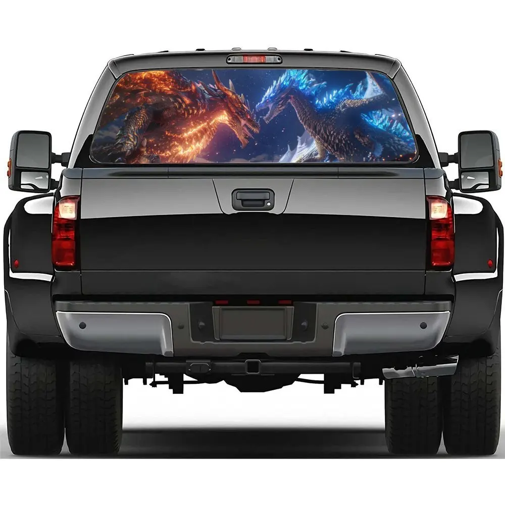 

The Fate Duel Between Ice Dragon and Fire Dragon Car Accessories Rear Windshield Sticker, Truck Window See Through Perforated Wi