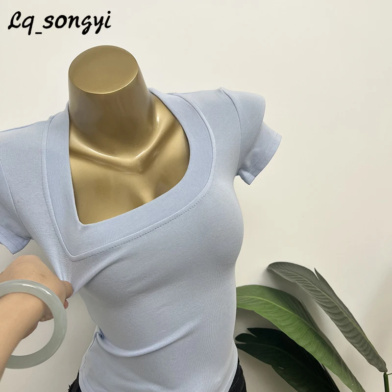 

Lq_songyi Scoop Neck T Shirts Short Sleeve Korean T Shirt High Strecth Basic Solid Short Top Summer Women Elegant Slim T-shirt