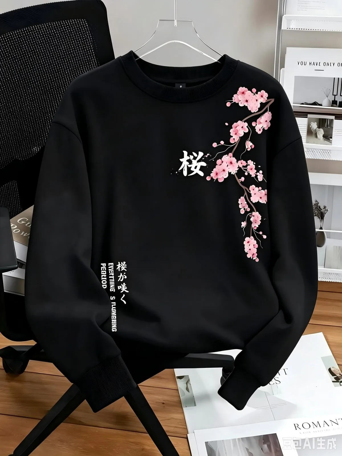 American style new men's autumn cherry blossom letter print comfortable soft round neck long sleeved T-shirt outdoor street top