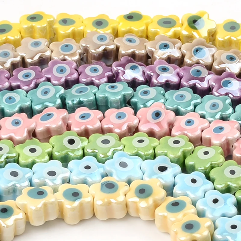 Cuentas de cerámica de ojo con forma de flor colorida, accesorios de cuentas de porcelana para fabricación de joyas, collares de pulsera de moda