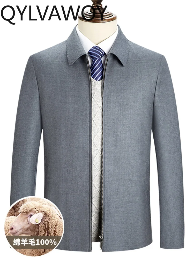 

QYLVAWOY Men's 100% Wool Lapel Jacket Middle-Aged Short Spring Autumn Thin Business Casual Imitation Outerwear LJ2050