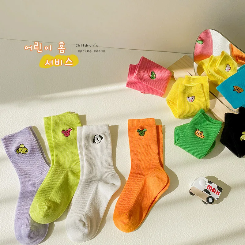 3Pairs Pack 1-12 Year 2023 spring solid color animal embroidery socks cartoon trendy children\'s socks