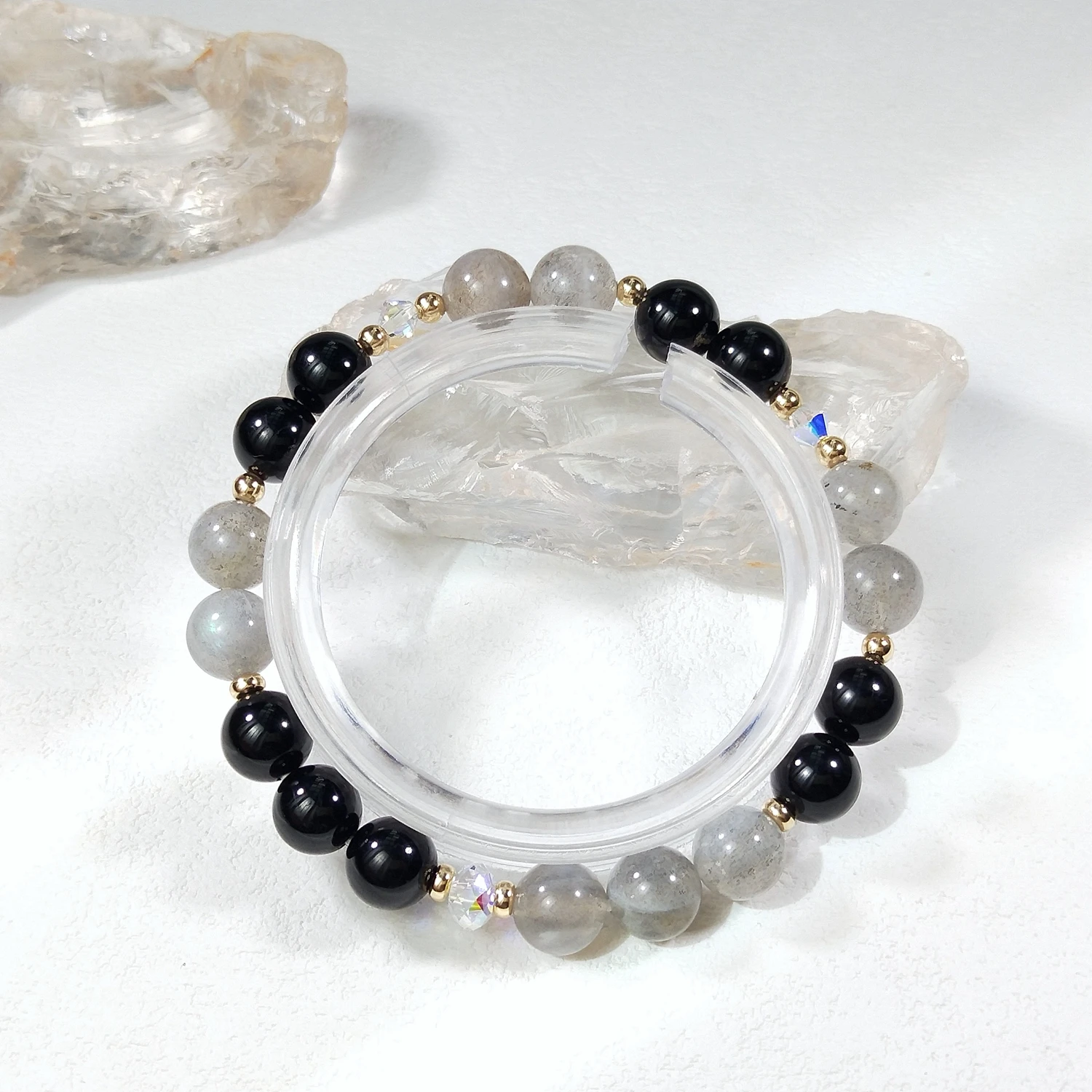 

Lii Ji натуральный камень черный турмалин лабрадорит 6/8 мм с кристаллами американский эластичный браслет с позолотой 14 карат