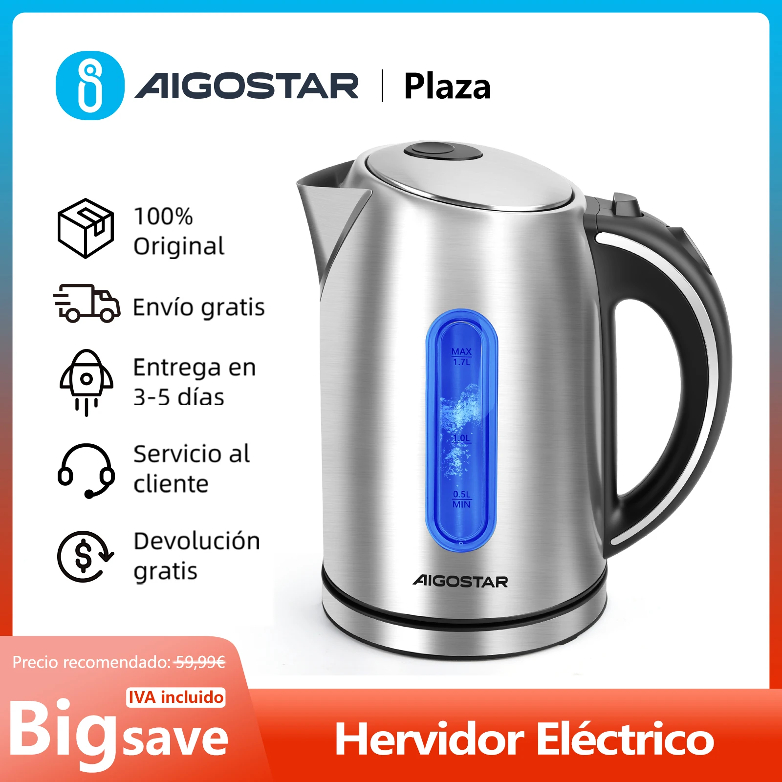 Hervidor Eléctrico de Acero Inoxidable, 1,7 L, Iluminación LED, Filtro Extraíble, Apagado Automático, Base 360º, Sin… — oferta en AliExpress