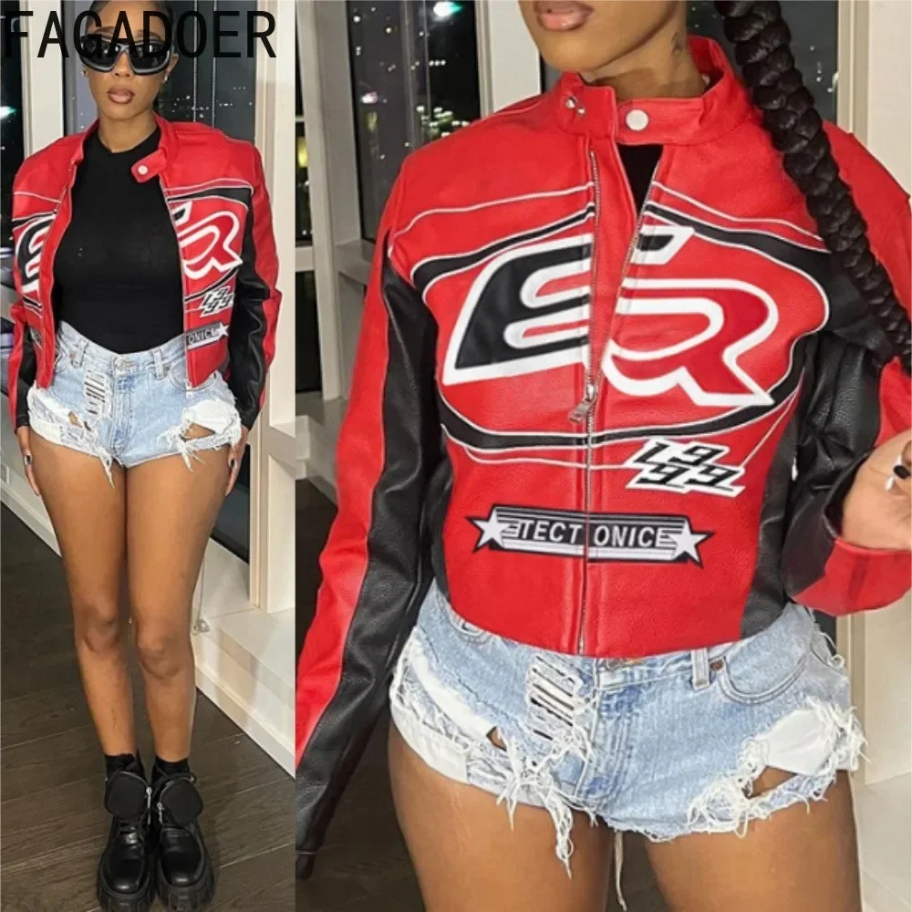 

FAGADOER Red Moto Y2K Leather Jacket Women Fashion Cool Girls Zip Letter Print Crop Jacket Women Streetwear Autumn Winter New