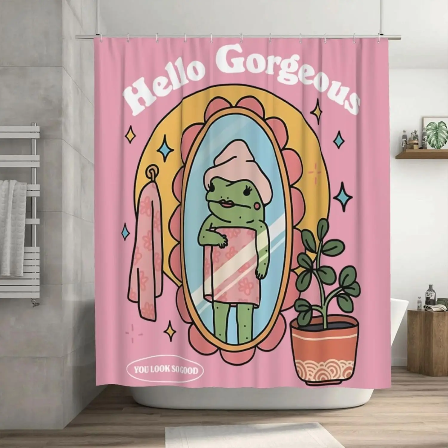 

Hello Gorgeous Frog Shower Curtain Cute Pink Cartoon Bathroom Decor 72x72 Fun & Uplifting for Women, Teens, Dorm Rooms