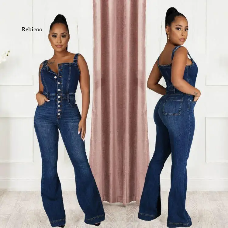 

Stitching Slim Ladies Sling Jumpsuit Pure Color Washed Cropped Pants Spring And Autumn Fashion Workwear Style Bodysuit 903