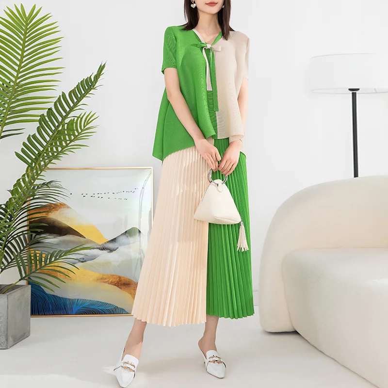 

Ladies Fashion Patchwork Two-piece Suit 2025 Summer New Loose Oversized Top Tee Elastic Waist Pleated Wide Leg Pants Women Sets