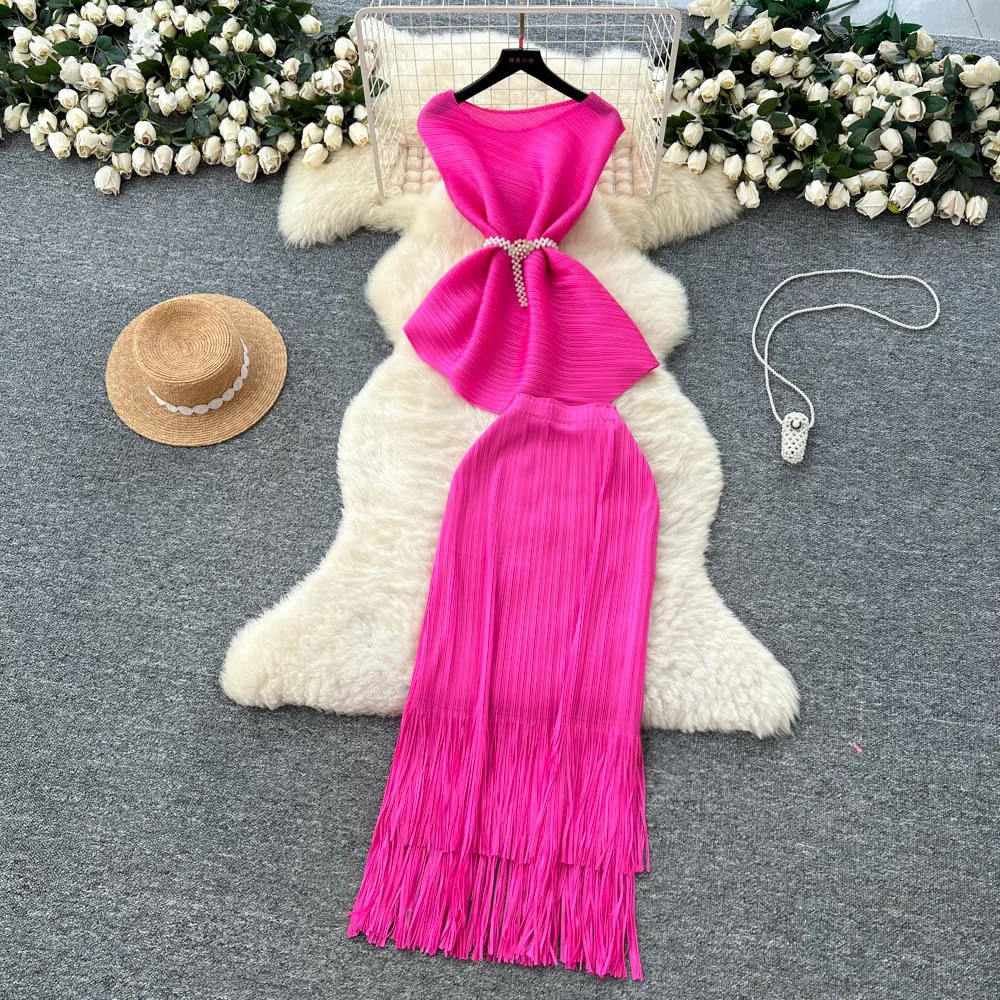 

Модная женская летняя одежда, нерегулярные бретели на талии, плиссированный топ без рукавов, юбка с бахромой