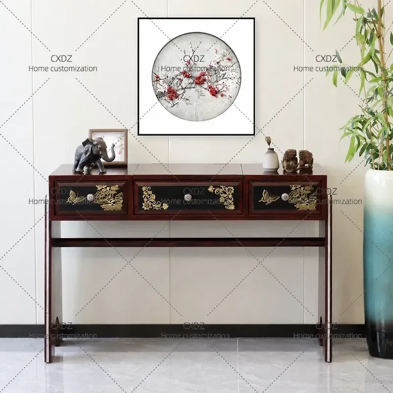New Chinese Style Light Luxury Solid Wood Dressing Table with Gold Painted Butterfly Motif Zen Hand Painted Bedroom Vanity