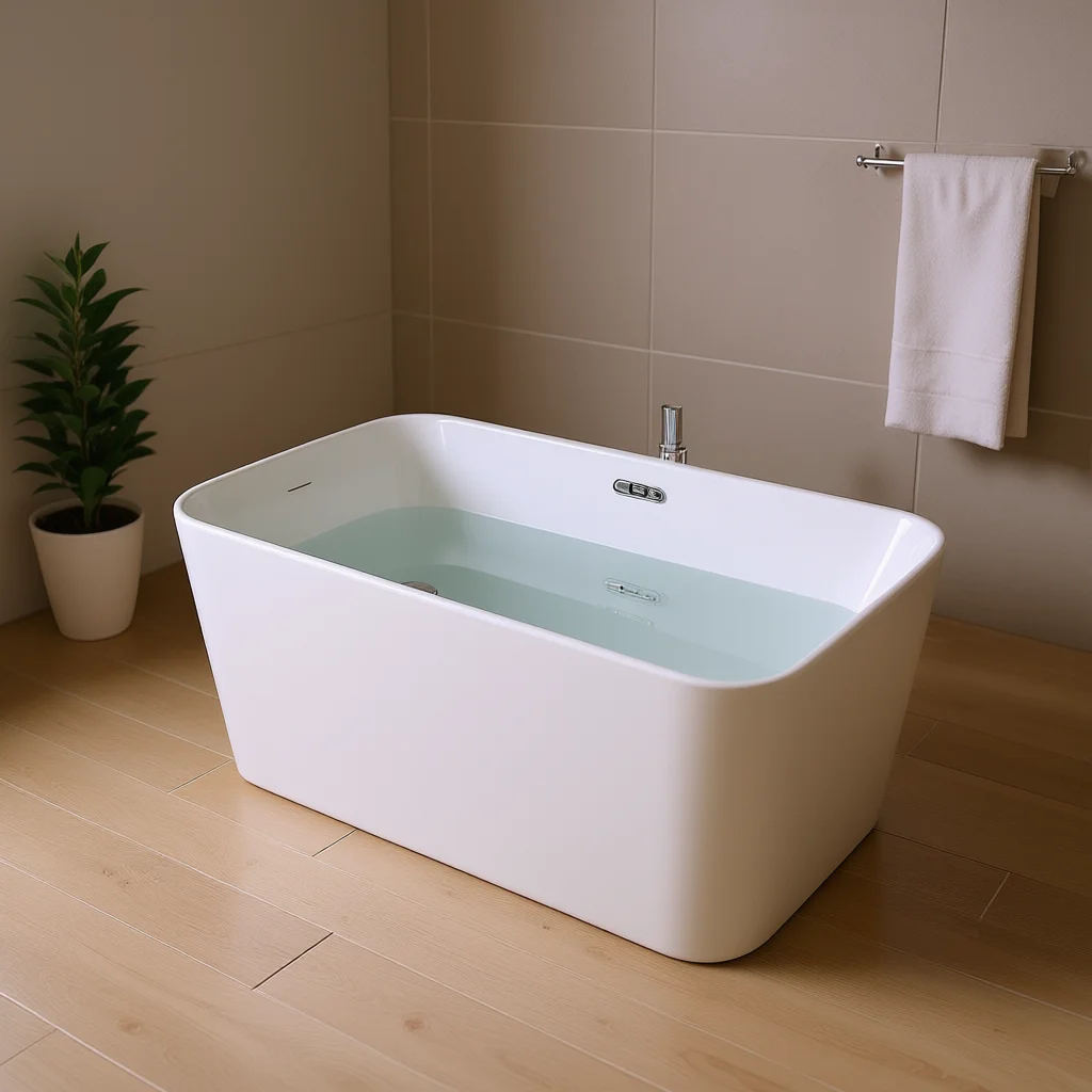 CCTUZ Freestanding Bathtub 49 Inch Glossy White Acrylic Square Japanese Design Chrome Overflow Drain Bathroom Tub