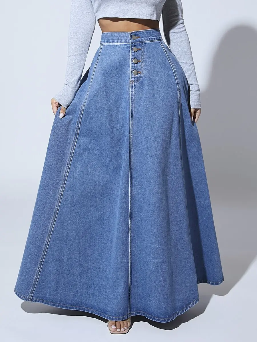

High Waist Extra Long Denim Skirt with Front Button Detail