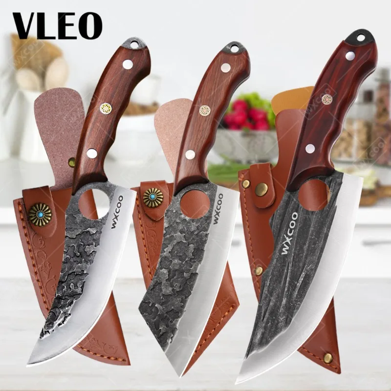 VLEO Japanische Küchenmesser, handgeschmiedetes Kochmesser, gehämmertes Ausbeinmesser, scharfe Klinge, Hackmesser mit Scheide