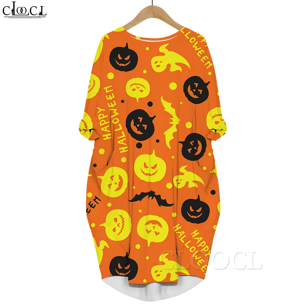 

CLOOCL Happy Halloween 3D Printed Dress Pumpkin Bat Pattern Long Sleeves Dresses with Pocket Stylish Dress for Halloween