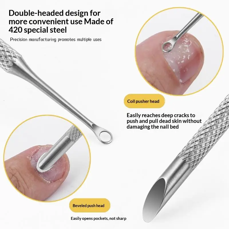 Double-ended Nail Beveled Head Cuticle Pusher Remover Stainless Steel Cuticle Remover Manicure Sticks Nail Grinding File